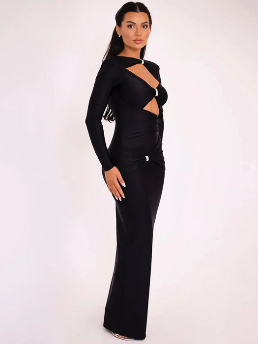 Holiday Party Elegant Hollow Out Long Sleeve Sexy Maxi Dress For Women Solid Color Slim Fit Cut Out Club Party Long Dress New