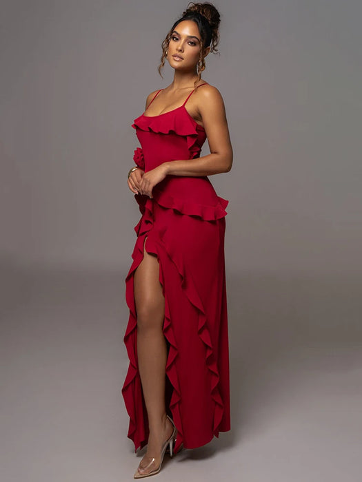 Elegant Ruffle Sexy Maxi Dress Women Spaghetti Strap Flower Sleeveless Backless High Split Club Party Evening Dress