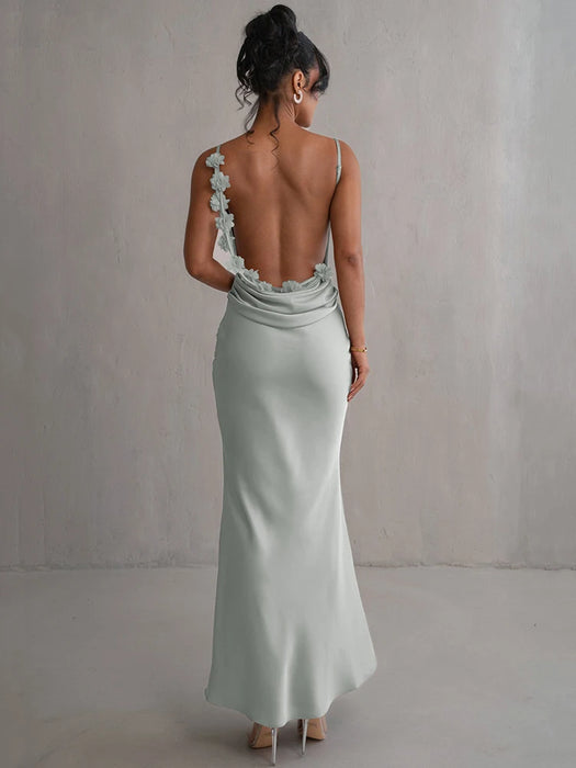 Holiday Party Floral Draped Backless Maxi Long Dress For Women Fashion Spaghetti Strap Sleeveless Bodycon Evening Party Dress Elegant