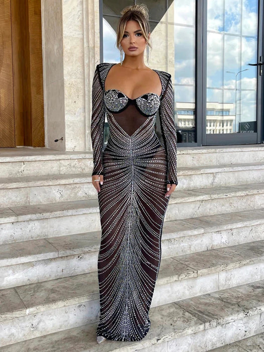 Holiday Party Glitter Mesh See Through Party Maxi Dress For Women Fashion Full Sleeve Bodycon Sexy Club Long Evening Dress