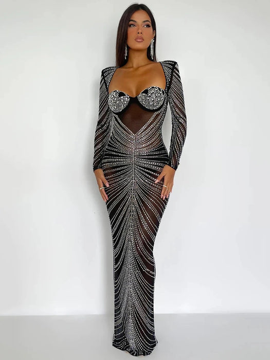 Holiday Party Glitter Mesh See Through Party Maxi Dress For Women Fashion Full Sleeve Bodycon Sexy Club Long Evening Dress