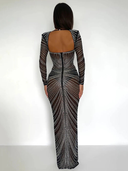 Holiday Party Glitter Mesh See Through Party Maxi Dress For Women Fashion Full Sleeve Bodycon Sexy Club Long Evening Dress