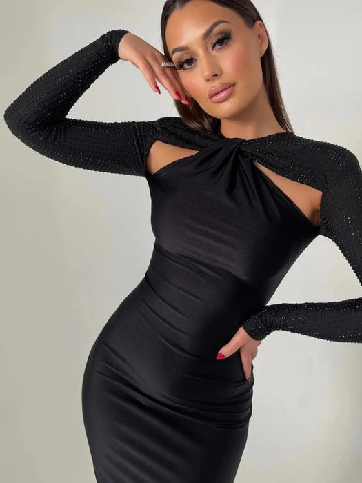 Holiday Party Hollow Out Sparkle Long Sleeve Maxi Dress For Women Glitter Vestidos Robe New Bodycon Shiny Night Club Party Long Dress