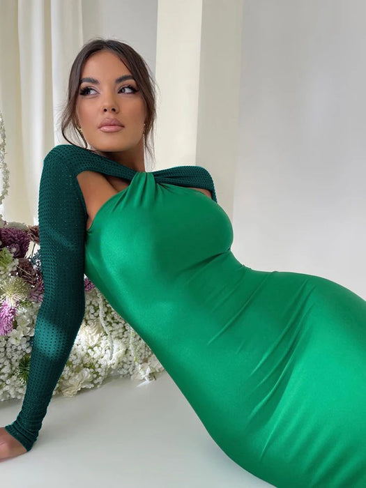 Holiday Party Hollow Out Sparkle Long Sleeve Maxi Dress For Women Glitter Vestidos Robe New Bodycon Shiny Night Club Party Long Dress