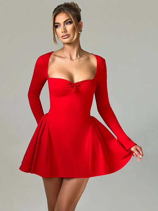 Christmas Holiday Party Long Sleeve A-line Sexy Mini Dress For Women Fall Bow Square Collar Pleated Dress Elegant Dresses