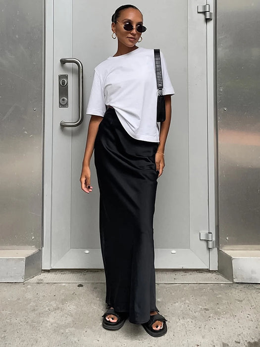 Summer Fall Women Bodycon Solid Black Satin Skirts High Waist Pencil Slim Maxi Skirt For Work Women