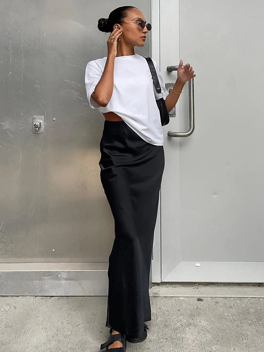 Summer Fall Women Bodycon Solid Black Satin Skirts High Waist Pencil Slim Maxi Skirt For Work Women