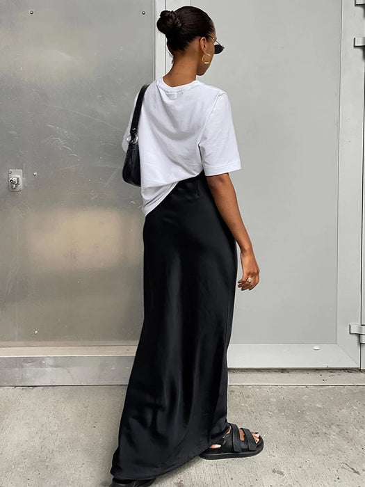 Summer Fall Women Bodycon Solid Black Satin Skirts High Waist Pencil Slim Maxi Skirt For Work Women