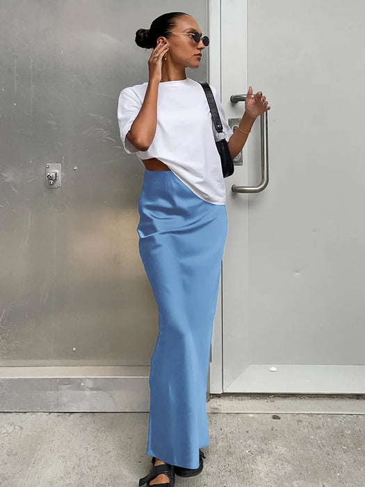 Summer Fall Women Bodycon Solid Black Satin Skirts High Waist Pencil Slim Maxi Skirt For Work Women