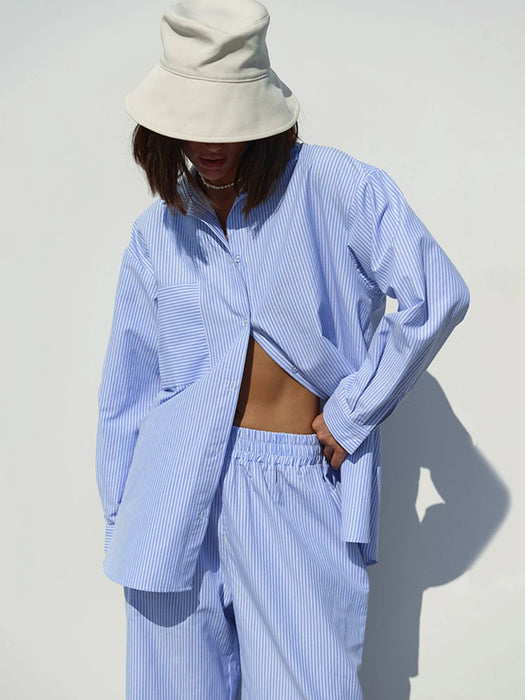 Office Lady Women Fall Winter Striped Pant Set Blue Long Sleeve Outfits Office2 Two Piece Matching Set Women