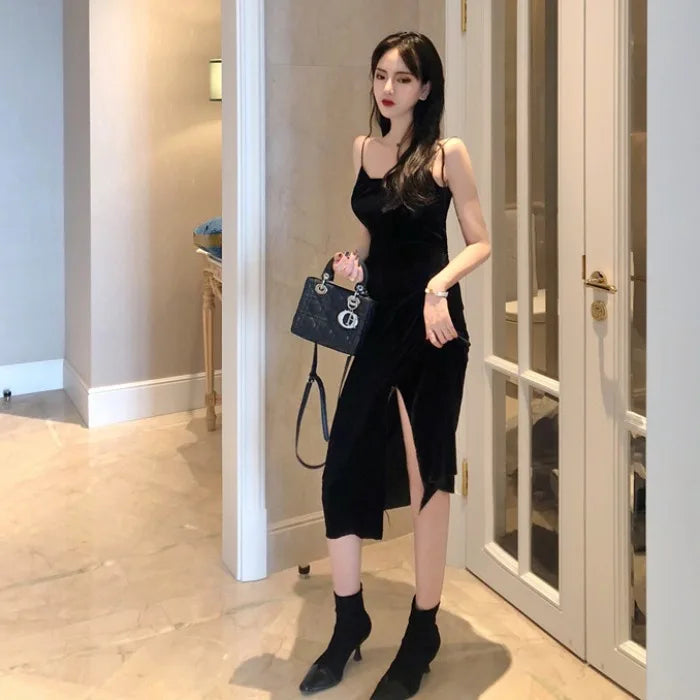 Women Dress Spaghetti Strap Slit Velvet Black Dress Sexy Bodycon Bandage Dress Midi Party Dress