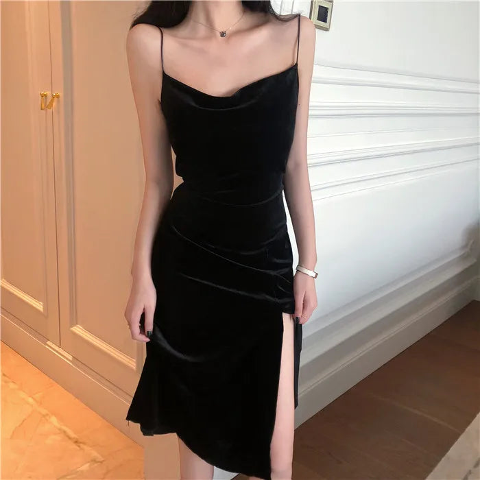 Women Dress Spaghetti Strap Slit Velvet Black Dress Sexy Bodycon Bandage Dress Midi Party Dress