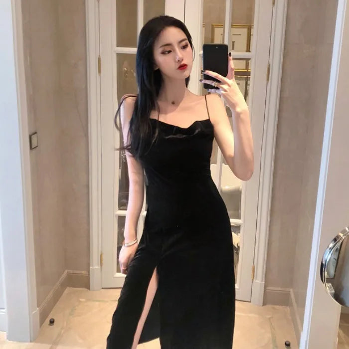 Women Dress Spaghetti Strap Slit Velvet Black Dress Sexy Bodycon Bandage Dress Midi Party Dress