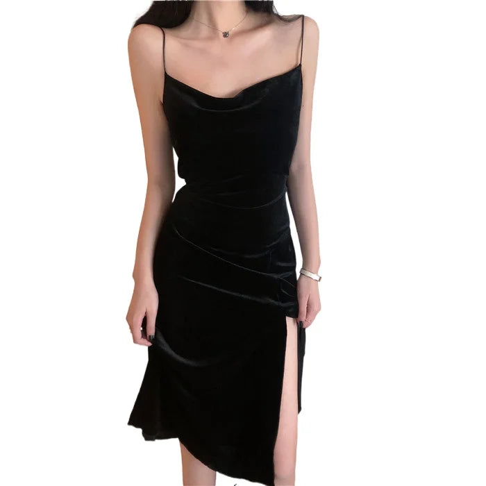 Women Dress Spaghetti Strap Slit Velvet Black Dress Sexy Bodycon Bandage Dress Midi Party Dress
