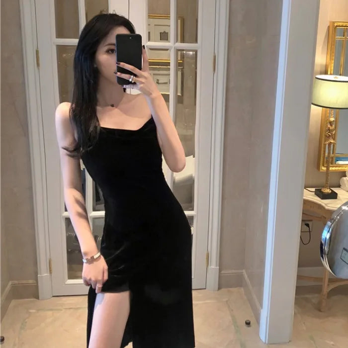 Women Dress Spaghetti Strap Slit Velvet Black Dress Sexy Bodycon Bandage Dress Midi Party Dress