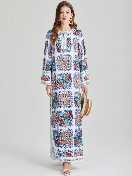 Fashion Bohemian Holiday Loose Maxi Dresses For Women Long Sleeve O Neck Flower Print Side Split