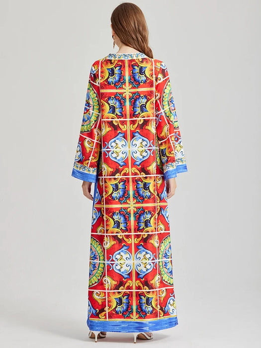 Fashion Bohemian Holiday Loose Maxi Dresses For Women Long Sleeve O Neck Flower Print Side Split