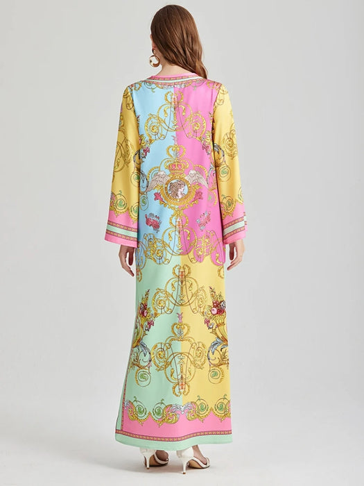 Fashion Bohemian Holiday Loose Maxi Dresses For Women Long Sleeve O Neck Flower Print Side Split