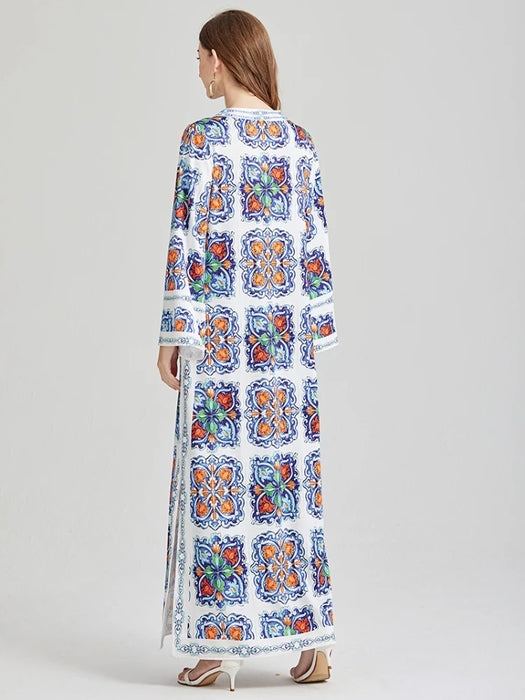 Fashion Bohemian Holiday Loose Maxi Dresses For Women Long Sleeve O Neck Flower Print Side Split