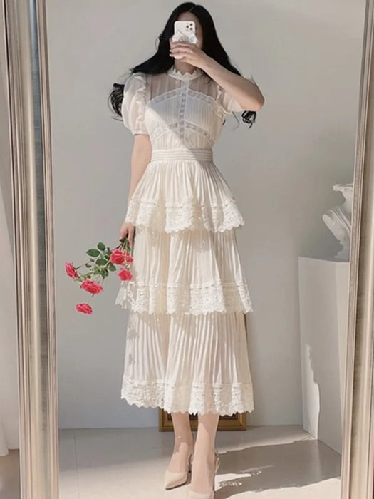 Vintage Woman Summer Dress Ladies Puff Short Sleeve O-Neck Beige Elegant Party Dresses