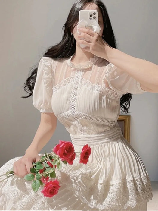 Vintage Woman Summer Dress Ladies Puff Short Sleeve O-Neck Beige Elegant Party Dresses