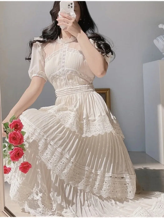 Vintage Woman Summer Dress Ladies Puff Short Sleeve O-Neck Beige Elegant Party Dresses