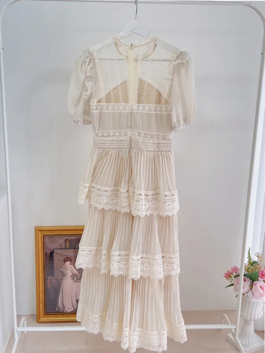 Vintage Woman Summer Dress Ladies Puff Short Sleeve O-Neck Beige Elegant Party Dresses