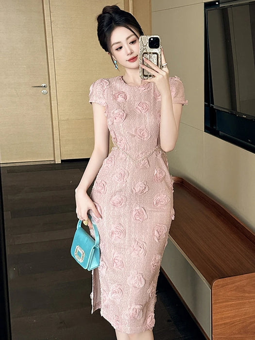 Cocktail Party Knitted Sweet Floral Evening Dress Women Clothes Elegant Sexy Hollow O-Neck Short Sleeve Skinny Midi Party Birthday