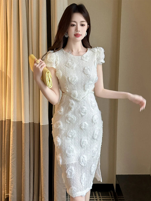 Cocktail Party Knitted Sweet Floral Evening Dress Women Clothes Elegant Sexy Hollow O-Neck Short Sleeve Skinny Midi Party Birthday