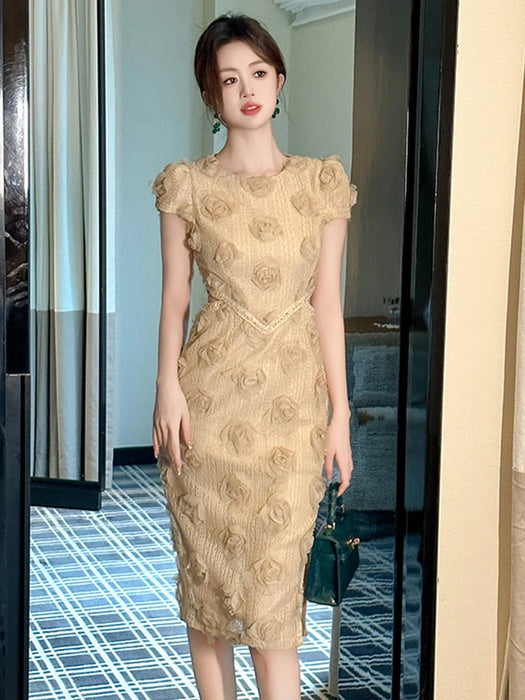 Cocktail Party Knitted Sweet Floral Evening Dress Women Clothes Elegant Sexy Hollow O-Neck Short Sleeve Skinny Midi Party Birthday