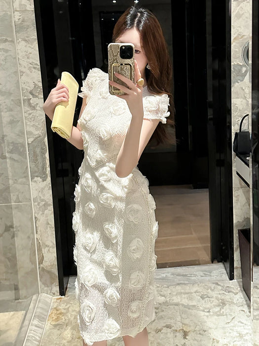 Cocktail Party Knitted Sweet Floral Evening Dress Women Clothes Elegant Sexy Hollow O-Neck Short Sleeve Skinny Midi Party Birthday