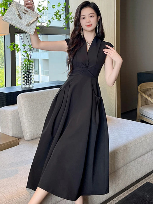 Holiday Party Elegant Women Evening Long Dress Lady Black Formal Chic V-Neck Slim Midi Party Gown