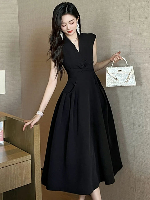 Holiday Party Elegant Women Evening Long Dress Lady Black Formal Chic V-Neck Slim Midi Party Gown