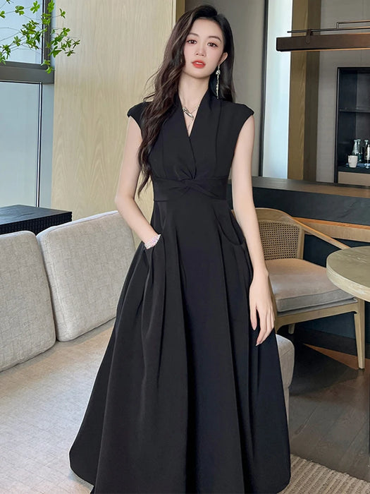 Holiday Party Elegant Women Evening Long Dress Lady Black Formal Chic V-Neck Slim Midi Party Gown