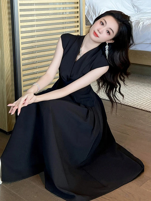 Holiday Party Elegant Women Evening Long Dress Lady Black Formal Chic V-Neck Slim Midi Party Gown