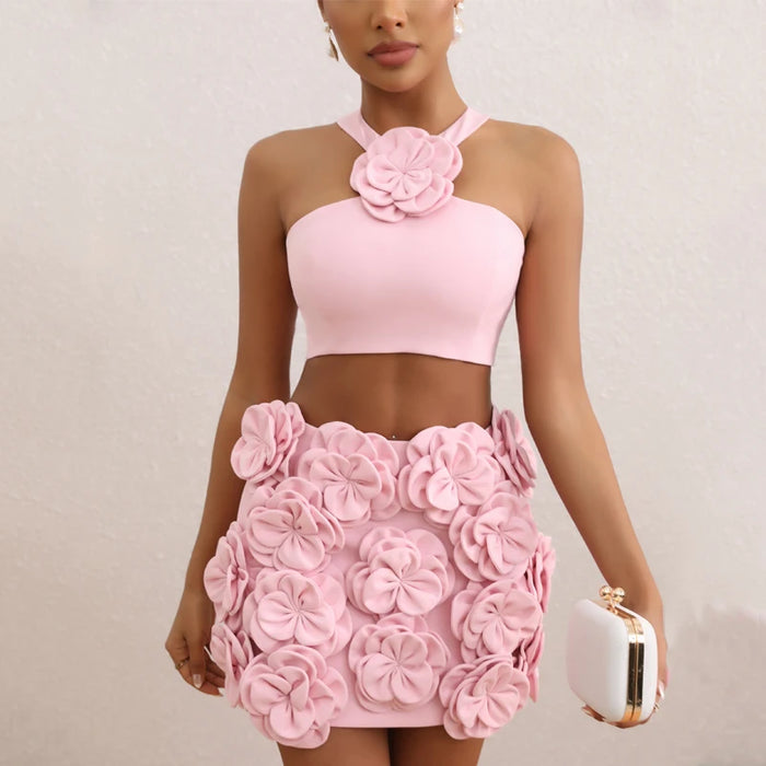 Pink neck hanging backless top women's temperament short skirt decoration flower party dress set