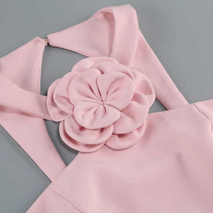 Pink neck hanging backless top women's temperament short skirt decoration flower party dress set