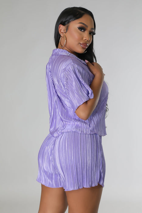 Pleated Women's Set Short Sleeve Shirt Blouse and Shorts Suit Two Piece Set Outfit