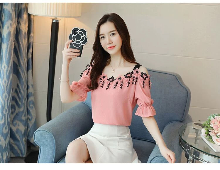 Women Summer Blouses Short Sleeve Chiffon Shirt Sexy Slash Neck Off Shoulder Top