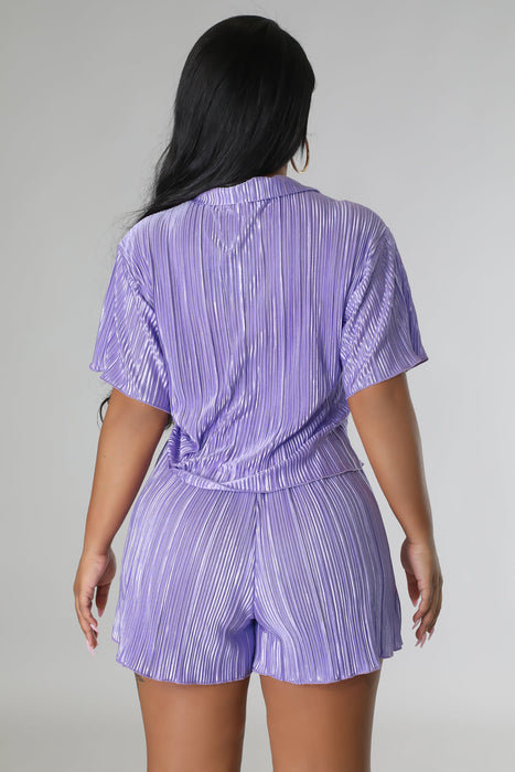 Pleated Women's Set Short Sleeve Shirt Blouse and Shorts Suit Two Piece Set Outfit