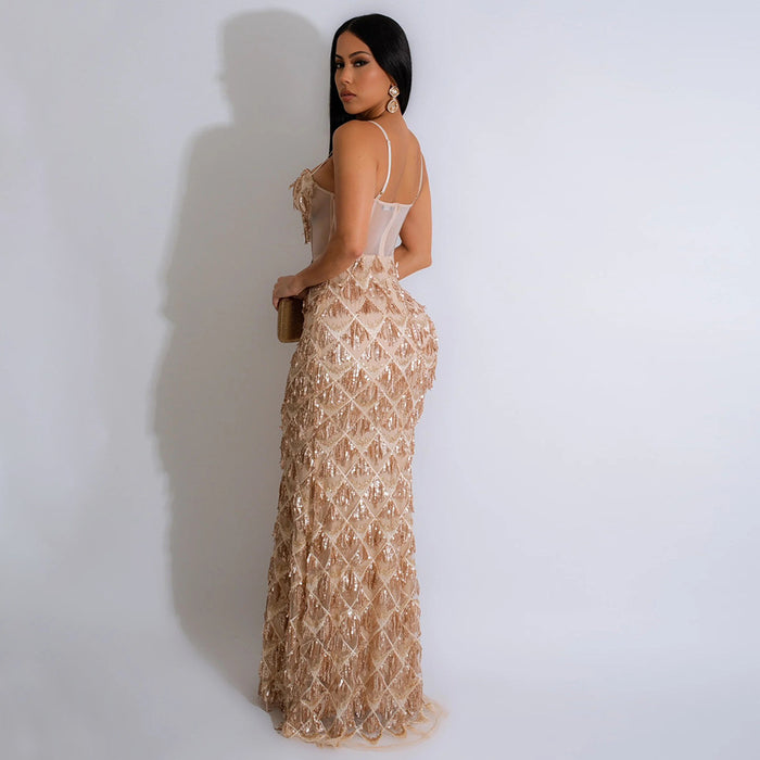 Women Sequined Spaghetti Stap Mesh Patchwork Tunic Bodycon Midi Maxi Dress Sexy Club Evening Party Night