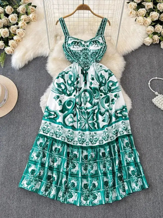 Maxi Dress Women's Spaghetti Strap V Neck Backless Blue And White Porcelain Print Vacation Long Vestido