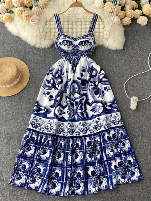 Maxi Dress Women's Spaghetti Strap V Neck Backless Blue And White Porcelain Print Vacation Long Vestido
