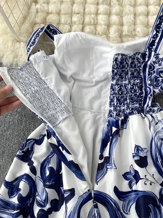 Maxi Dress Women's Spaghetti Strap V Neck Backless Blue And White Porcelain Print Vacation Long Vestido
