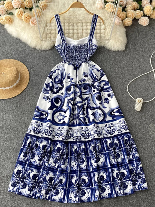 Maxi Dress Women's Spaghetti Strap V Neck Backless Blue And White Porcelain Print Vacation Long Vestido