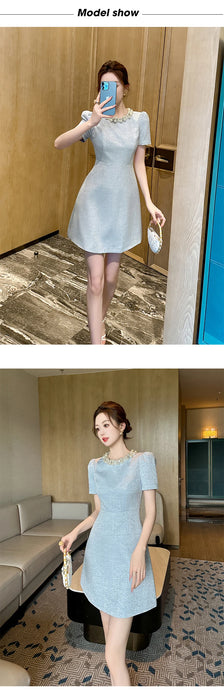 Holiday Party Short Sleeve Evening Dress Women Clothes Elegant Luxury Pearl O-Neck Slim A-Line Short Birthday Party