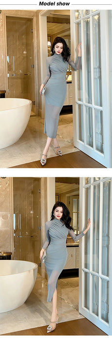 Christmas Party Shiny Evening Long Dresses For Women Ladies See Through Sexy Bodycon Dress Robe Stretchy Clothes