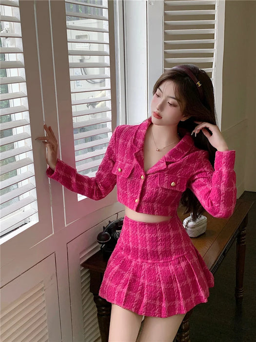 Fall Vintage Tweed Two Piece Set Women Crop Top Woolen Short Jacket Coat Mini Skirts Sets Sweet 2 Piece Suits