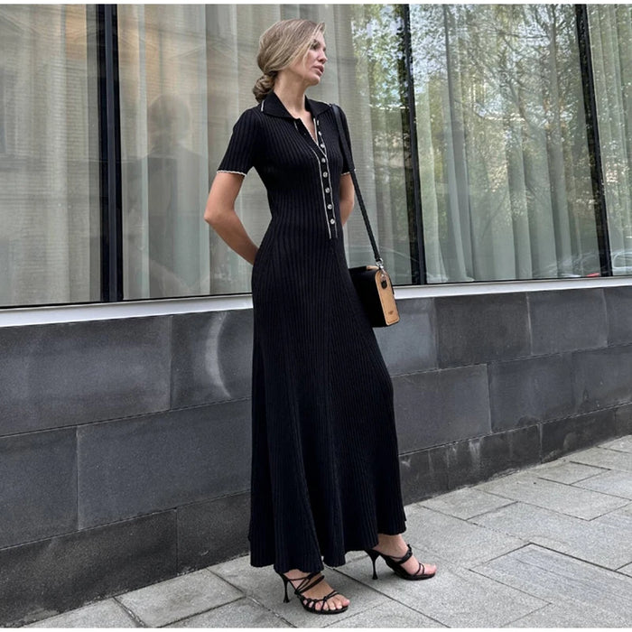 Elegant V Neck Denim Patchwork Knitted Long Dress Women Fashion Short Sleeved Buttons Bodycon Dresses Office Lady
