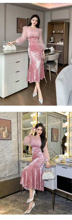 Christmass Party Elegant Luxury Mermaid Dress Women Clothes Chic Casual Sweet Puff Sleeve Skinny Midi Party Birthday Holiday
